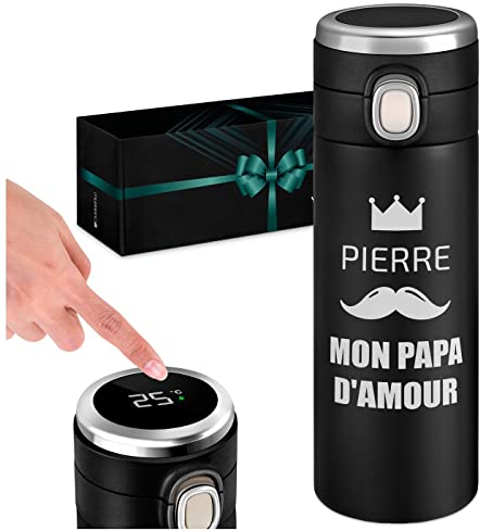 Maverton Bouteille isotherme personnalisable - Mug hermétique 400ml avec gravure pour homme - pour café - thé - Thermos avec afficheur LED - Cadeau Noel - pour anniversaire - pour lui - papa