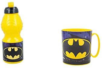 ALMACENESADAN, 4815, Pack retour à l'école batman symbol; composé de tasse micro-ondes 350 ml et bouteille d'eau 400 ml, produit réutilisable, sans BPA