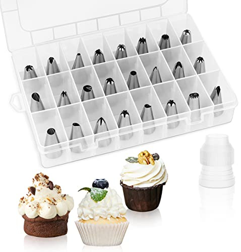 Juego de 24 puntas de tubería, boquillas de glaseado con caja de almacenamiento, boquillas de acero inoxidable para decoración de pasteles
