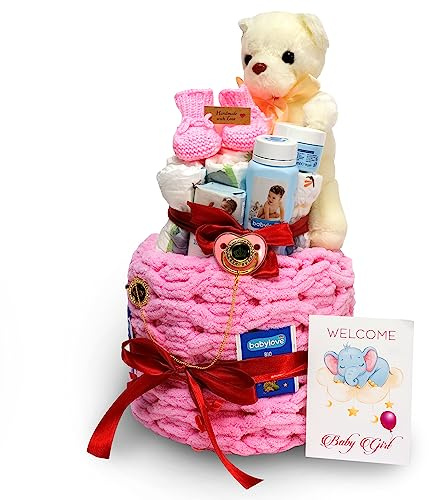 Kamakah® Gâteau de couches rose garçon avec ours en peluche douillet I Cadeau pour nouveau-né avec couches et produits Baby Love I Cadeau de naissance personnalisé