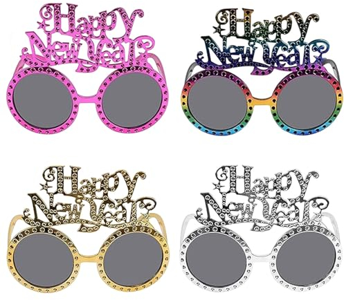 4 Stück Happy New Year Partybrillen, Frohes Neues Jahr Brillen, Glitzer Foto Requisiten Brille, Silvester Brille, Silvester Dekorationen Party Brille Neues Jahr, Foto-Requisiten, Party Mitgebsel