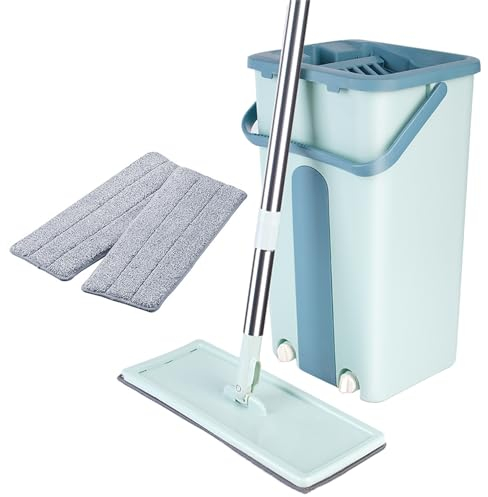 MUL-BOUTIQUE Balai Plat 130cm Et Seau Essoreur, Balai Serpillère à 360° Et Sceau Menage sont Utilisés pour Le Nettoyage Et Le Revêtement De Sol Lisse,2 Serpillères Réutilisables (S2,Vert)