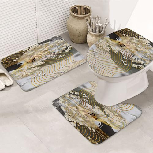 ERICAT Badezimmer Set,rutschfeste Badematte und WC-Vorleger-Set,Chinesische Aquarell Pflanze Tier Schwalbe Pflaume weiße Blume,weich,wasserabsorbierend,WC-Garnitur, 3-teilig
