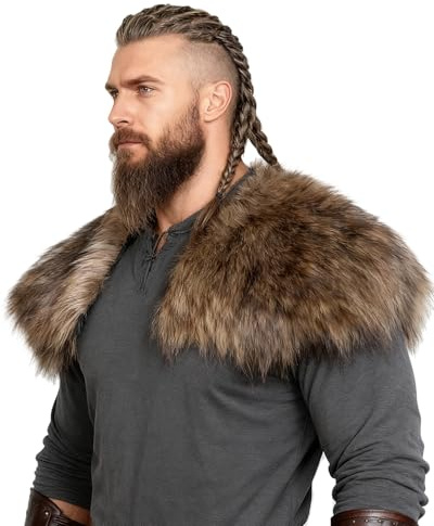 Joukavor Viking Faux Fur Collar Fur Shoulder Wrap Shawl Viking Halloween Costume Men, Brown, One size