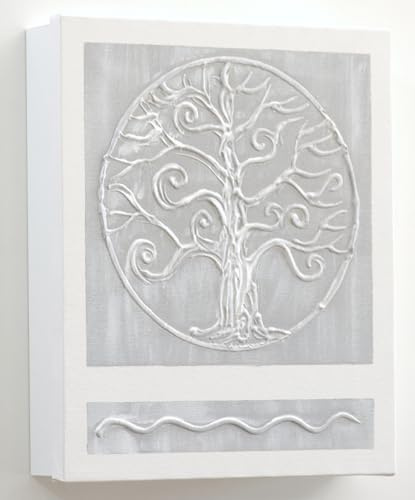 Cuadroexpres - Armario para Llaves, Pintado a Mano, Decorativo, Arbol de la Vida, Medidas 26x31x6 cm, 100% Original, En Gris y Blanco, con 15 Ganchos, Incluye Tacos y Tornillos para la Pared.