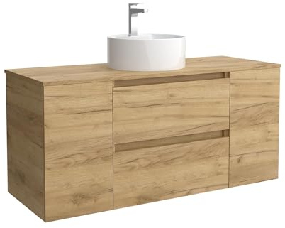 Mueble de Baño Bequia 120cm + Coqueta 1 Puerta Centrado + Encimera + Lavabo posar| Roble |120x45x56