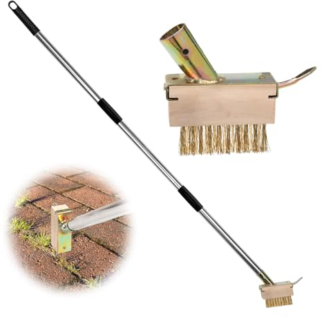 NQEUEPN Herramienta para Quitar Malas Hierbas, 2 en 1 Desmalezadora Manual 2 Cepillos de Alambre con Mango Largo de Acero Inoxidable Extractor de Musgo para Adoquines Patio Terraza Pasarela Grieta