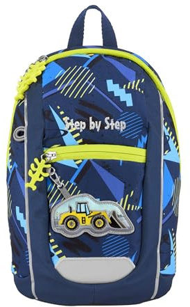 Step by Step Rucksack-Set KIGA MINI „Bagger Bobby“, blau-gelb, ergonomischer Rucksack mit höhenverstellbaren Brustgurt für die Kleinsten, für Kindergarten & Kita, ab 12 M+, für Jungen 6l