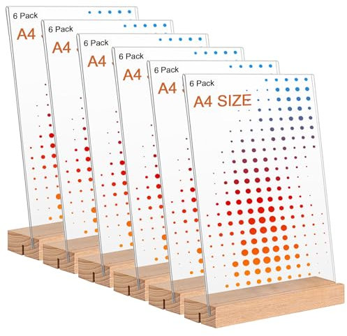 Whemyreat Espositore da tavolo con base in legno, formato A4, in acrilico, formato A4, formato A4 L, in acrilico, su entrambi i lati, per matrimoni, ufficio, caffè, ristorante