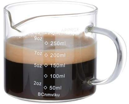 BCnmviku 250ml Espresso Cups,Espresso Shot Glass with Handle,V-Shaped Mouth Espresso Measuring Cup for Coffee,Milk (Single Spout)