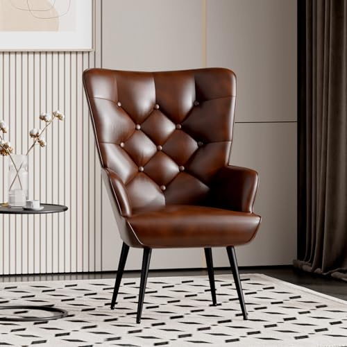 Aivermeil Armchair Tub Chair,with Footstool,High back with gold legs Comfy,Leather Chair, for Bedrooms, Living rooms,Relaxation,150kg Load Capacity Brown, （no footstool