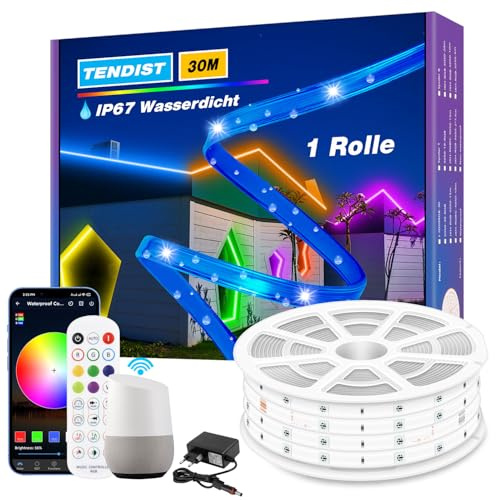 TENDIST 30M IP67 Ruban LED Exterieur Etanche, RVB Bande LED Exterieur Etanche Smart Compatible avec Alexa, Bandeau Synchronisation Musicale pour Balcon, Terrasse, Jardin, Festival (30M*1)