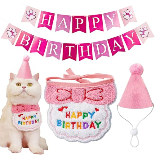 SSKHE Set di cappelli di compleanno per cani, sciarpe, striscioni, bandana, abbigliamento e accessori per cani di piccola taglia, mini cappelli da festa per animali giocattolo, vestito da gattino