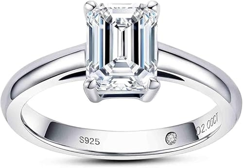 aomoso Damring - 2CT Solitaire Moissanite Ring - med certifikat, silver 925, smaragd Moissanite storlek, färg D, klass VVS1, lämplig för: Datum/varje dag/bröllop/födelsedag