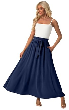 QIXING Women’s High Waist Flowy Long Maxi Skirt Boho Elastic Tie Waist with Pockets Summer Casual A-Line