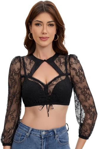 Trachtland Blouse Dirndl Femme Manches Longues Blouse Traditionnelle Oktoberfest Élégante avec Boutons, Bande Poitrine et Dentelle Noir Taille 34-44