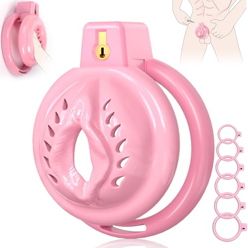 Chastity Cage Pink Male Cock Cage for Men Chasity Cage Sissy | Silicone Flat Male Chastity Cage, Chasity Device Bondage with 6 Cock Ring, BDSM Sex Toýs for Man Penis Cage Clitoris