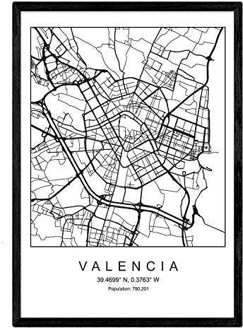 Nacnic Lámina Mapa de la Ciudad Valencia Estilo nordico en Blanco y Negro. Poster tamaño A3 Sin Marco Impreso Papel 250 gr. Cuadros, láminas y Posters para Salon y Dormitorio