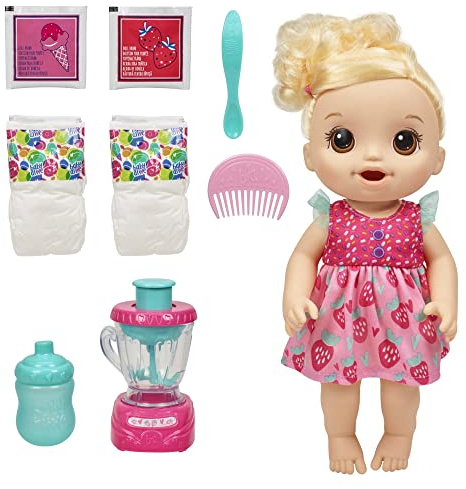 Baby Alive Magical Mixer Baby Doll Strawberry Shake with Blender Accessories, Drinks, Wets, Eats, Blonde Hair Toy for Children Aged 3 and Up