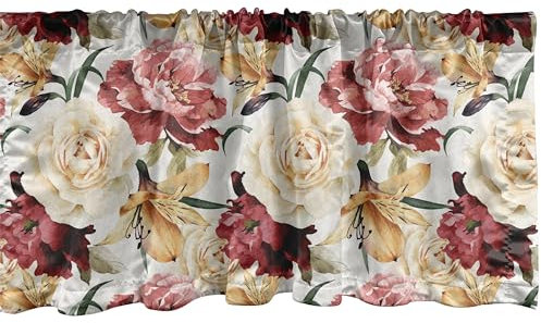 ABAKUHAUS Rose Fenster Volant, Aquarell Rosen Pfingstrosen, Vorhang Volant für Küche Schlafzimmer Dekor mit Stangentasche, 137 cm X 45 cm, Getrocknete Rosen-Creme Rubin