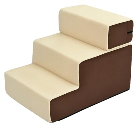 PawHut Escalera para Mascotas Perros Gatos de 3 Peldaños Desmontable y Funda Extraíble Portátil Carga 15 kg 54x40x39 cm Marrón y Beige