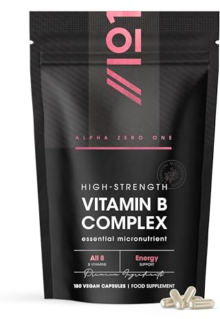 Vitamin B Complex - All Eight B Vitamins for Energy Support – 180 Vegan Capsules - B1,B2,B3,B5,B6,B12 & D3 - Resealable and Recyclable Pouch by Alpha01