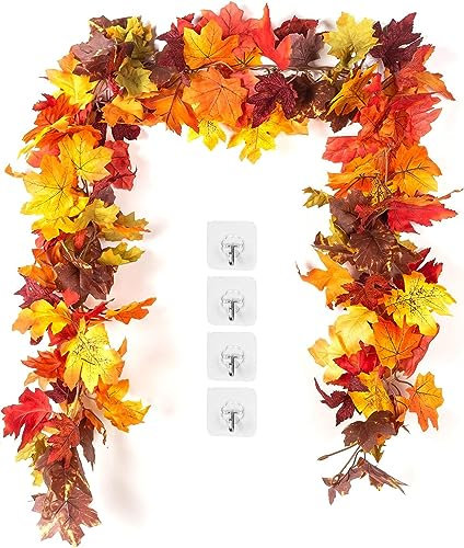 KASZOO 2 Pack Autumn Maple Leaf Garland - 5.8 Ft Maple Leaf Autumn Garland Decorations for Thanksgiving, Halloween, Christmas & Home Decor