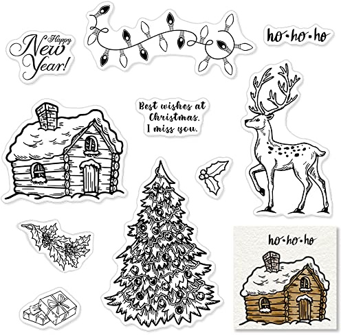 Christmas Tree Elk Clear Stamps for Card Making and Photo Album Decorations, Happy New Year Greeting Words Silicone Stamp House Bulb Transparent Rubber Stamps Seal for DIY Scrapbooking