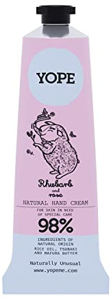 YOPE Naturlig handkräm | Ris, Tsubaki-olja | Mafurasmör | Sheasmör | Vitamin E | Ros- och rabarberextrakt | Regenererande | Fuktgivande intensivt | Rabarber och ros 50 ml