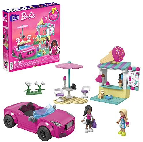 MEGA Barbie Car Building Toys Playset, Convertible and Ice Cream Stand with 225 Pieces, 2 Micro-Dolls and Accessories, Pink, Gift Ideas for Kids, HPN78