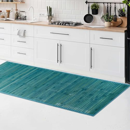 CosìCasa Tappeto Bamboo Cucina Antiscivolo | Passatoia Cucina Idrorepellente, Facile da Pulire e Realizzata con Materiali Sostenibili | Tappeto Bambu Tinta Unita (Blu, 70 x 140 cm)