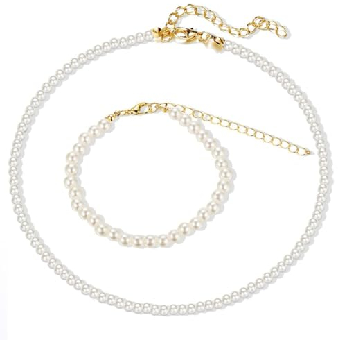 CUHZA Boho Imitation Perlenkette, 1 Stück Perlenkette Damen und 1 Stück Perlenarmband, Simulierte Perle Halskette Vintage Festival Perlen Halskette Schmuck für Frauen und Mädchen, 6MM 4MM