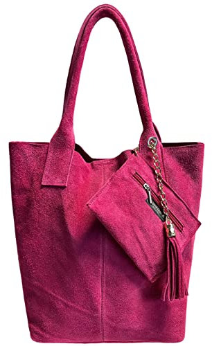 Modarno Bolso de mano para mujer, de ante auténtico, con bolsa para joyas del mismo color, bolso de mano, fucsia