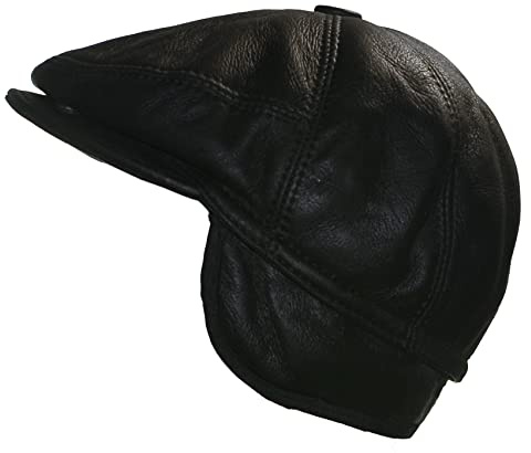 CUCUBA Coppola Cappello da Uomo in Pelle di Montone Shearling - Berretto con Visiera e Paraorecchie - Nero (M) 56