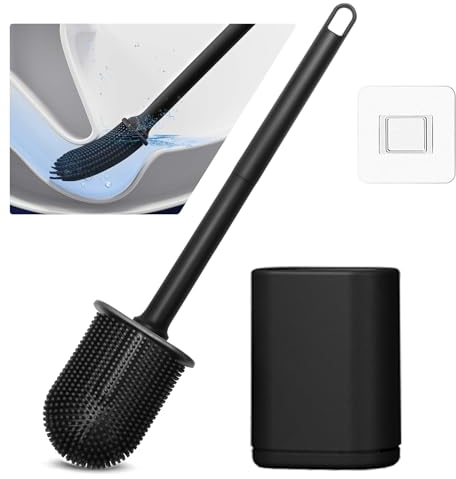 JIMACRO Soft Toilet Brush Silicone Long Handle Deep Cleaner Toilet Brushes and Holder for Bathroom, Flooring/Wall Mounted Soft Bristle Toilet Brush, Black