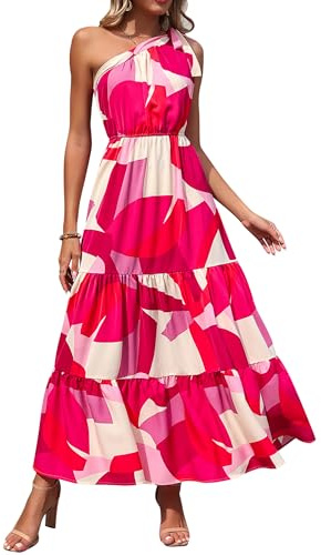PRETTYGARDEN Women's Summer Floral One Shoulder Maxi Dress Knot Ruffle Boho Beach Vacation Wedding Guest Long Sun Dresses (Red White Block,Large)