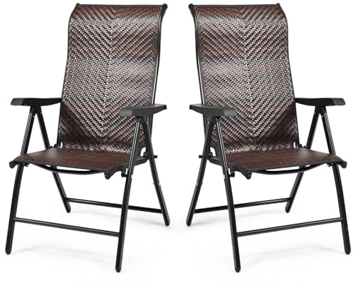 LIFEZEAL Sedia da Giardino in Rattan PE, Sedie Pieghevoli da Interno e Esterno, Poltrona di Vimini con Schienale Reclinabili per Balcone, Sedia a Sdraio con Telaio in Metallo, Portata 120 kg (2)