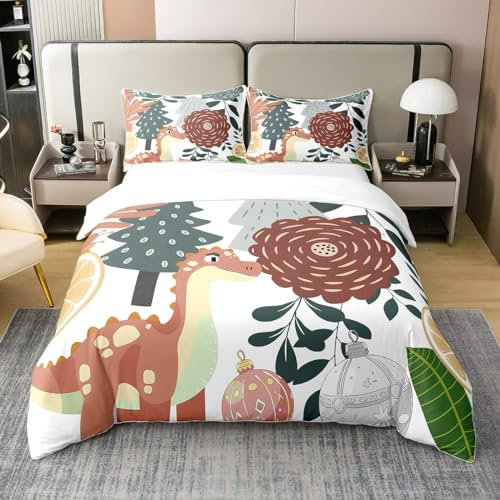 Cartoon Dinosaur 100% Cotton Duvet Cove Watercolor Flowers Trees Plants Graffiti Bedding Set for Kids Boys Girls Teens Cute Wild Animal Natural Fruits Comforter Cover with 2 Pillowcasesr Super King