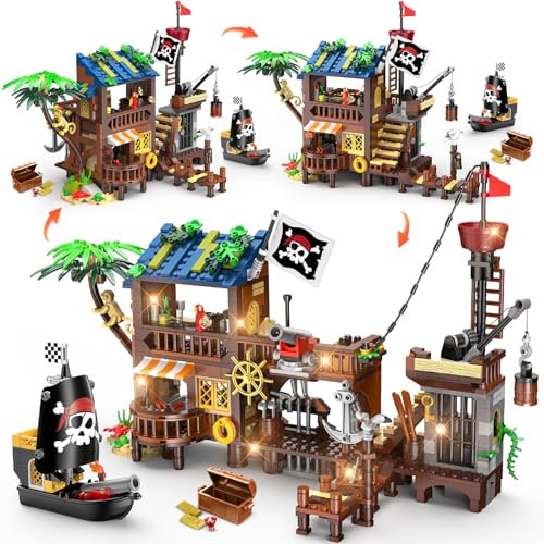 CUBIMANA Piraten Wharf Bauspielzeug mit Licht Piratenschiff - 3 Modi Piratenhafen Baustein 781 Stück Mittelalterliches Piratenhaus Klemmbausteine Bausteinset, Geschenk Set für Kinder Jungen 6+