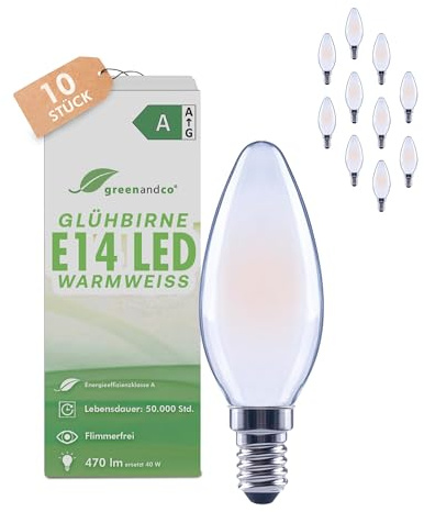 greenandco 10 x LED-filamentlampa | frostad | E14 C35 | 2,2W 470 lm | ersätter 40W | 2700K varmvit | 320° | 230 V | flimmerfri | Energiklass A | ej dimbar