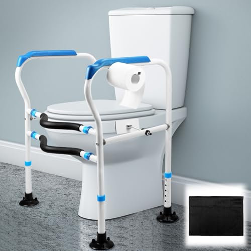 QWORK® Asistente para Levantarse del Inodoro - Ajustable en 5 Alturas (64-74cm) y 2 Anchuras - Pies de Ventosa Reforzados - Reposabrazos Ergonómicos