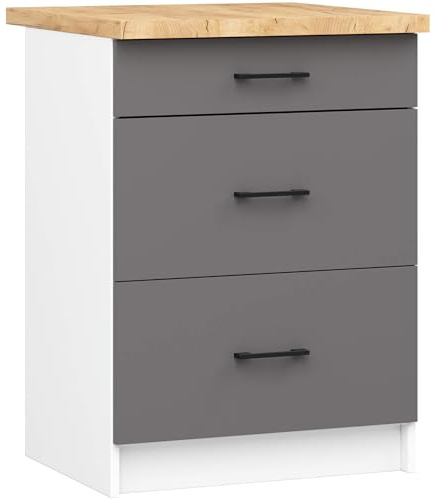 AKORD Mueble bajo de cocina OLIWIA 60 cm | 3 cajones | armarios de cocina | espacioso | para cocina pequeña | para una cocina | como parte de un juego | 60 x 85 x 46 cm | 37,9 kg | blanco y gris