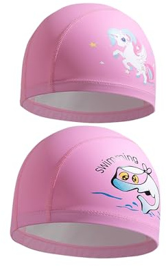 GAJUS 2 pièces bonnets de bain pour filles, bonnets de bain enfants de 2 à 10 ans, bonnets de bain imperméables avec revêtement PU, adaptés aux filles aux cheveux longs, indispensables la natation
