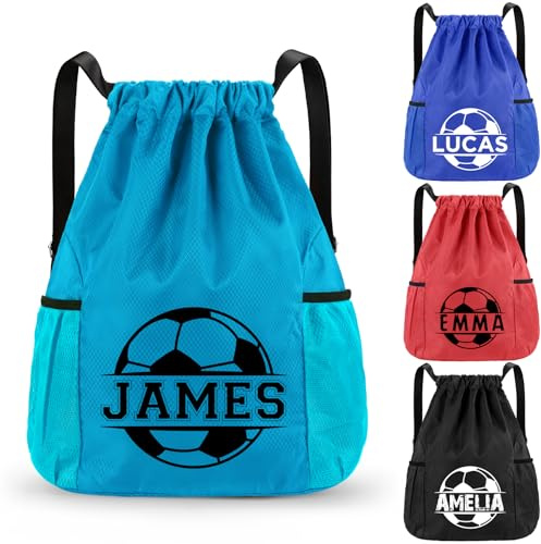 Fyore Personalised Drawstring Bag with Monogrammed Soccer and Name - Bulk Custom Oxford Fabric Drawstring Backpack for PE Kits Gym Sports School Swimming Drawstring Sack 30x12x41cm