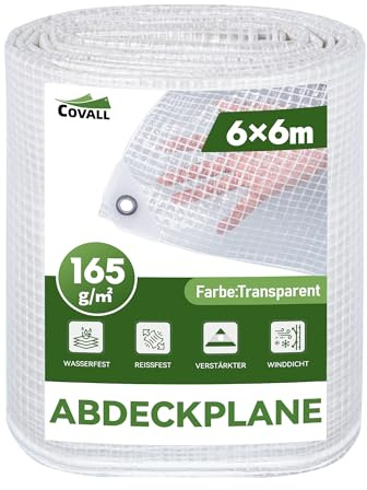 COVALL Telone Impermeabile Trasparente Occhiellato, 6x6 m Misure Finali, 165 g/m² Addensato e Resistente per Esterno, Antipioggia, Copritutto