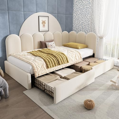 Zravenna Sofá cama tapizado 90 x 190 cm con 2 cajones, cama de día con somier, cama individual para adolescentes y adultos, sin colchón, terciopelo (190 cm de color beige C)