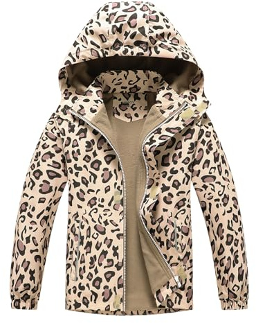 BuyiRen Girls Windbreakers Jacket Rain Jackets Hooded Raincoat Fleece Lined Rain Coats for Kids, Leopard Print, 12-13 Years