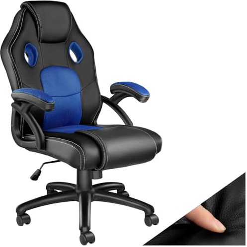 tectake® Sedia da Ufficio Ergonomica, Sedia Scrivania con Rotazione 360°, Imbottitura Confortevole, Rivestimento Similpelle, Poltrona Gaming con Altezza Regolabile, 5 Rotelle Doppie - Nero/Blu