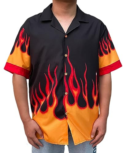 YEMOCILE Button Down Oversized Short T-Shirt for Men Women Teenagers Loose Fit Shirts with Flame Graphic, Color1, Large