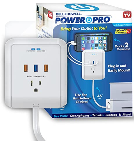 Power Pro Outlet Extender with 45” Cord – Easy-Install Power Strip Electric Surge Protector, USB Wall Charger, 3 Power Outlets, Docking Station, White, Bell+Howell, As Seen On TV